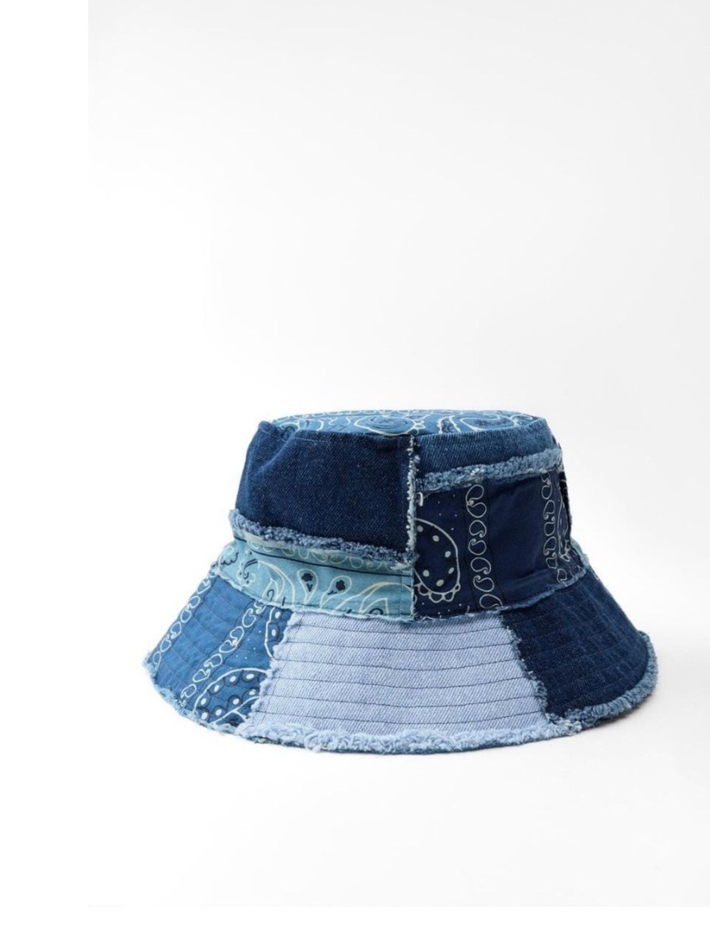 Zara Patchwork Denim Bucket Hat in Mixed Blue Tones